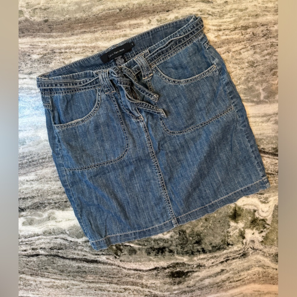 Calvin Klein Medium Blue Denim Tie-Waist Mini Skirt